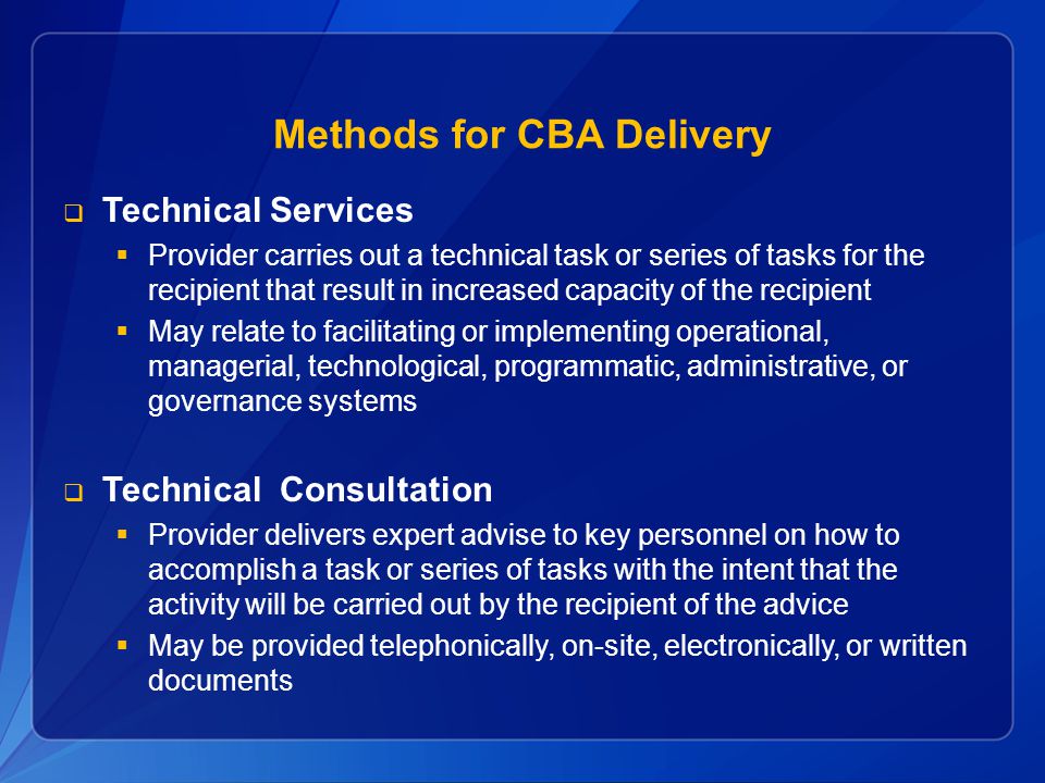 Methods for CBA Delivery