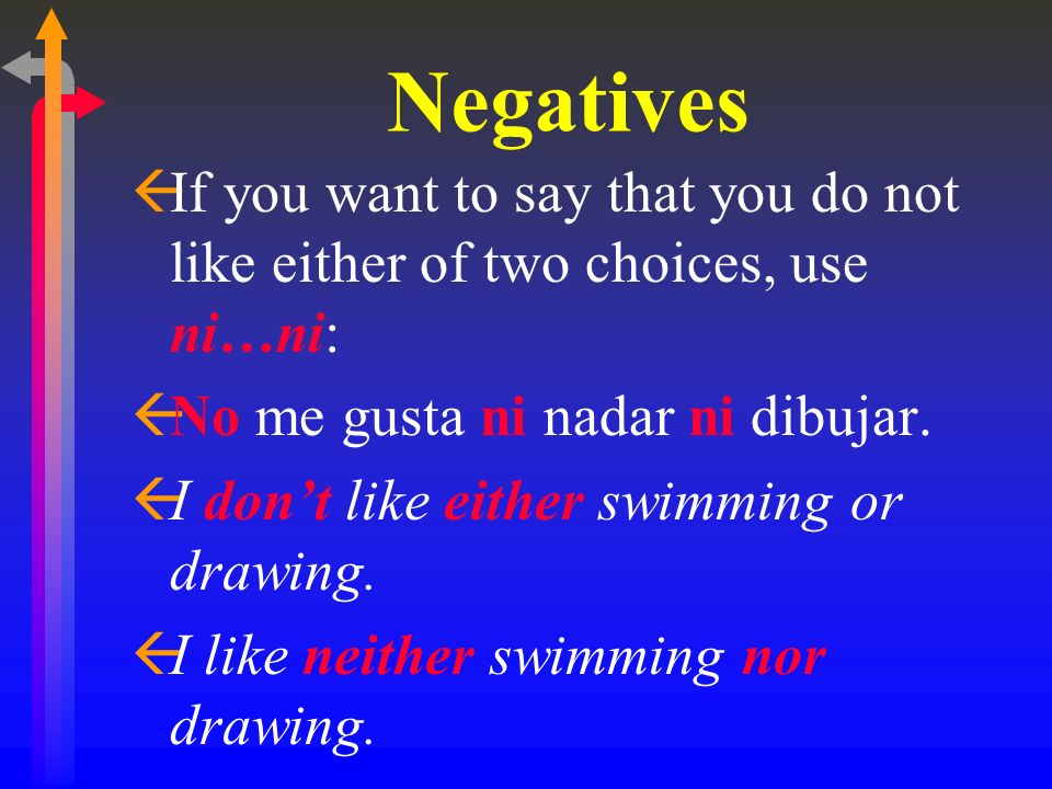 Negatives If you want to say that you do not like either of two choices, use ni…ni: No me gusta ni nadar ni dibujar.