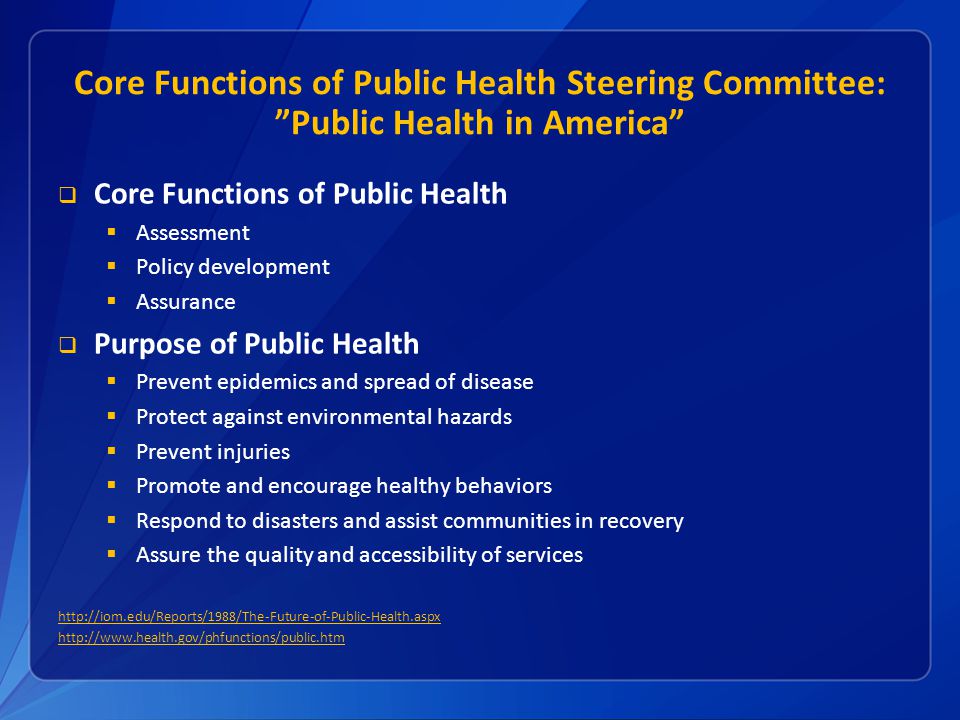 Core Functions of Public Health Steering Committee: Public Health in America
