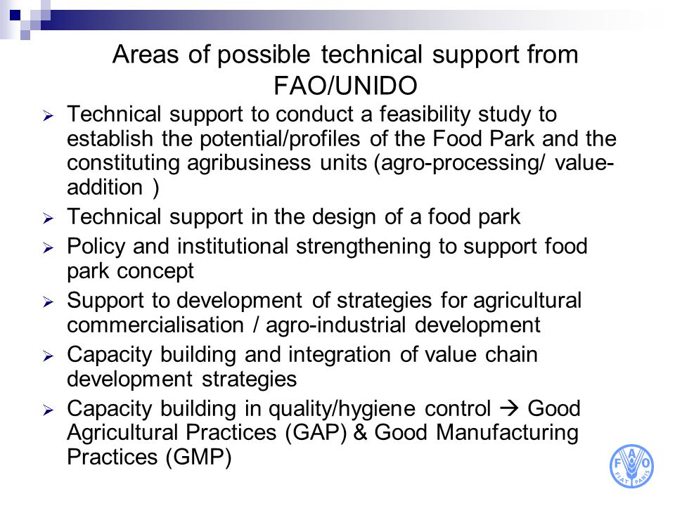 Areas of possible technical support from FAO/UNIDO