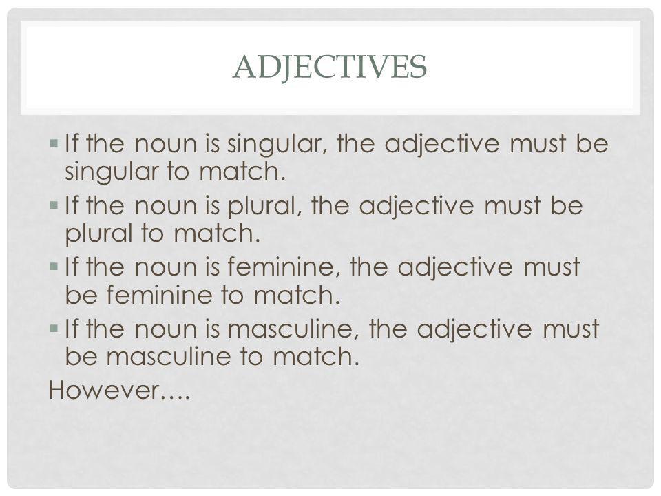 Adjectives If the noun is singular, the adjective must be singular to match. If the noun is plural, the adjective must be plural to match.