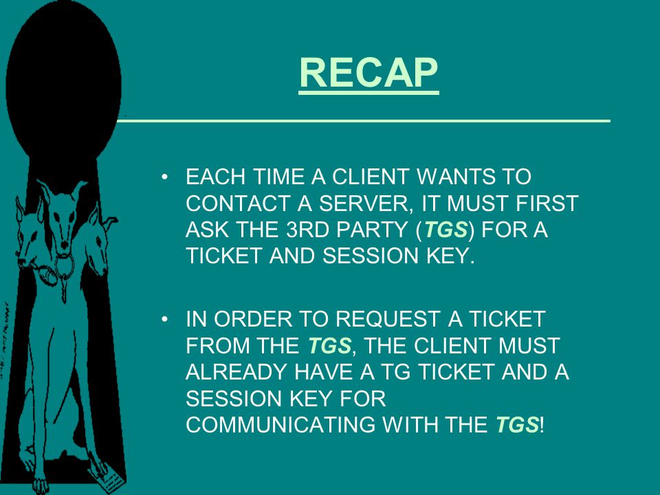 RECAP EACH TIME A CLIENT WANTS TO CONTACT A SERVER, IT MUST FIRST ASK THE 3RD PARTY (TGS) FOR A TICKET AND SESSION KEY.