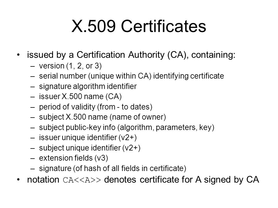 X.509 Certificates issued by a Certification Authority (CA), containing: version (1, 2, or 3)
