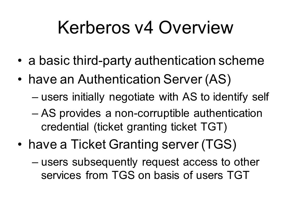 Kerberos v4 Overview a basic third-party authentication scheme