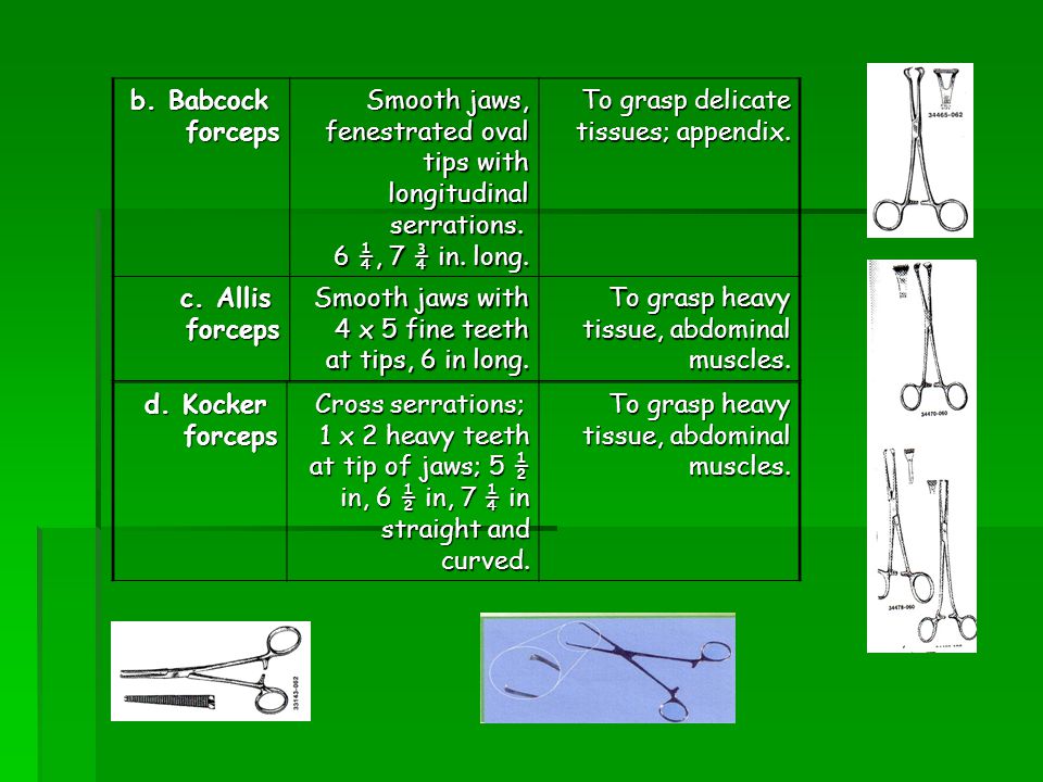 b. Babcock forceps. Smooth jaws, fenestrated oval tips with longitudinal serrations. 6 ¼, 7 ¾ in. long.