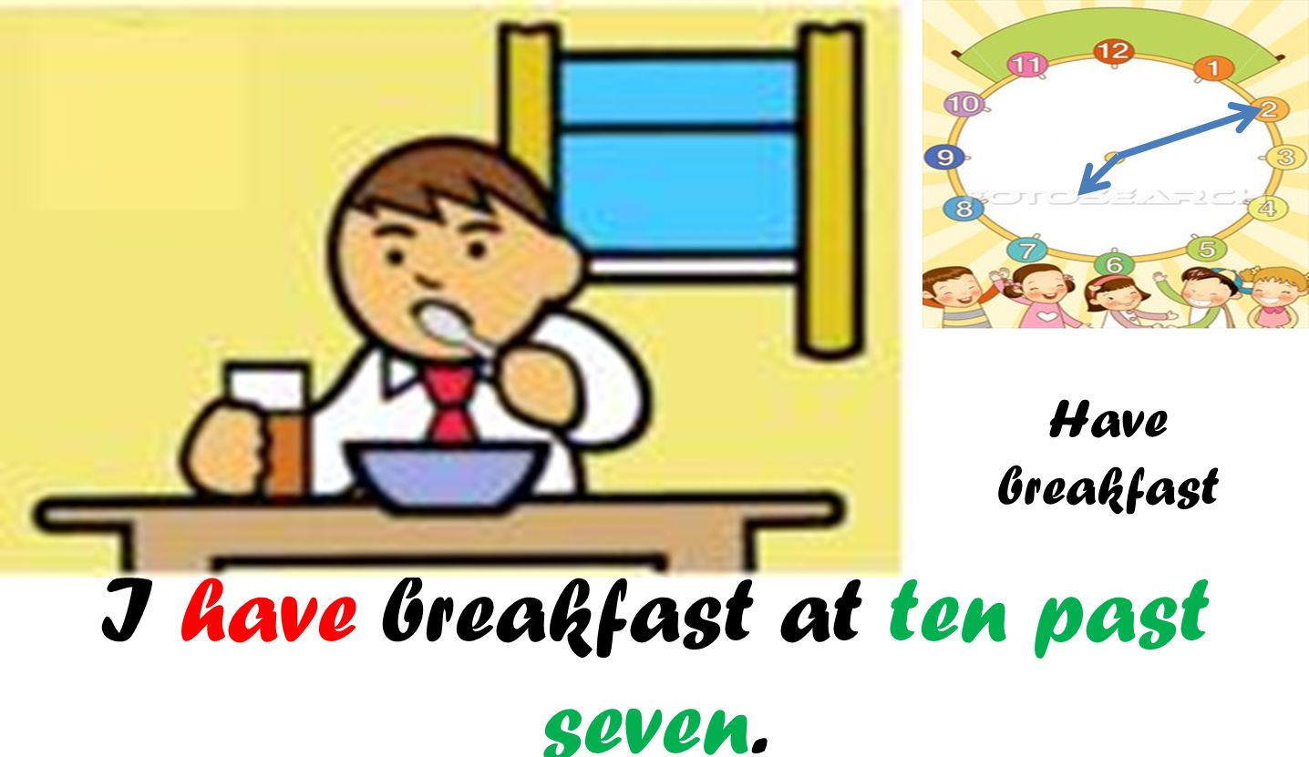 I have breakfast at ten past seven.
