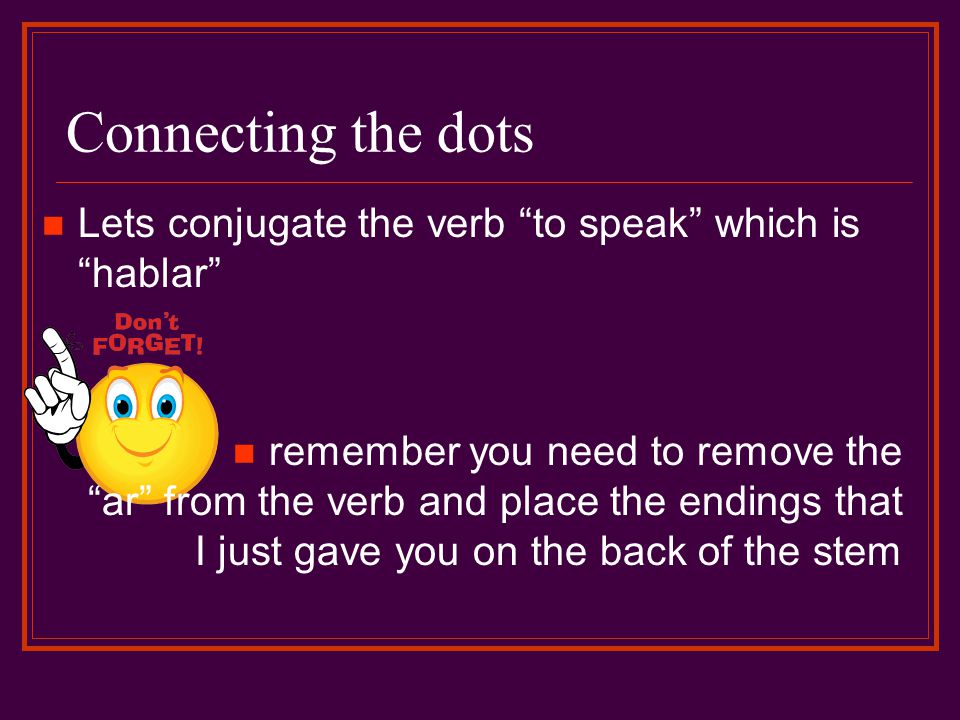 Connecting the dots Lets conjugate the verb to speak which is hablar