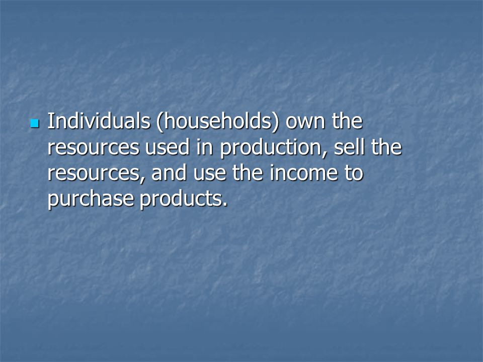 Individuals (households) own the resources used in production, sell the resources, and use the income to purchase products.