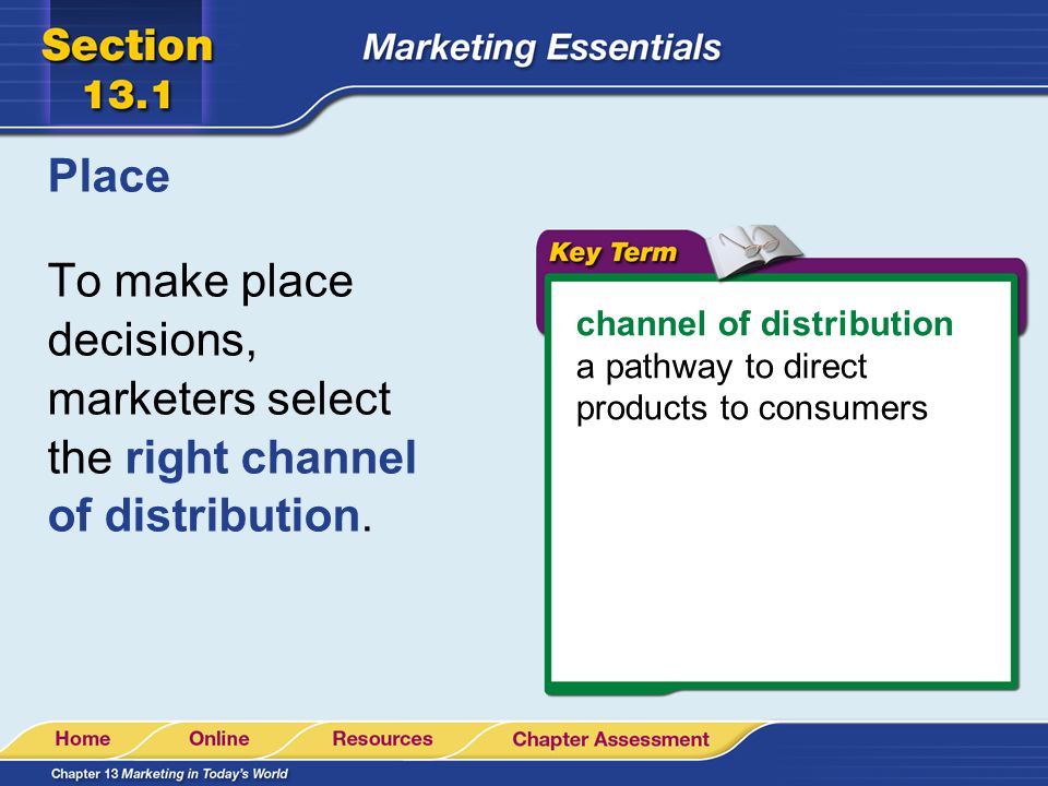 Place To make place decisions, marketers select the right channel of distribution. channel of distribution.
