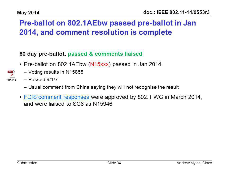 Pre-ballot on 802.1AEbw passed pre-ballot in Jan 2014, and comment resolution is complete