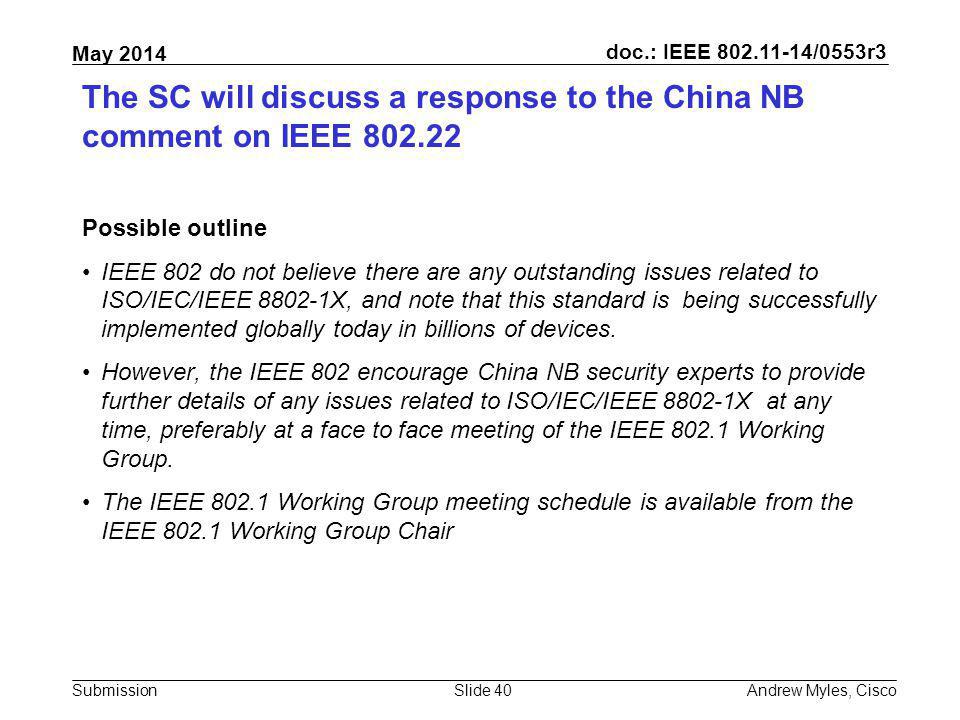 The SC will discuss a response to the China NB comment on IEEE