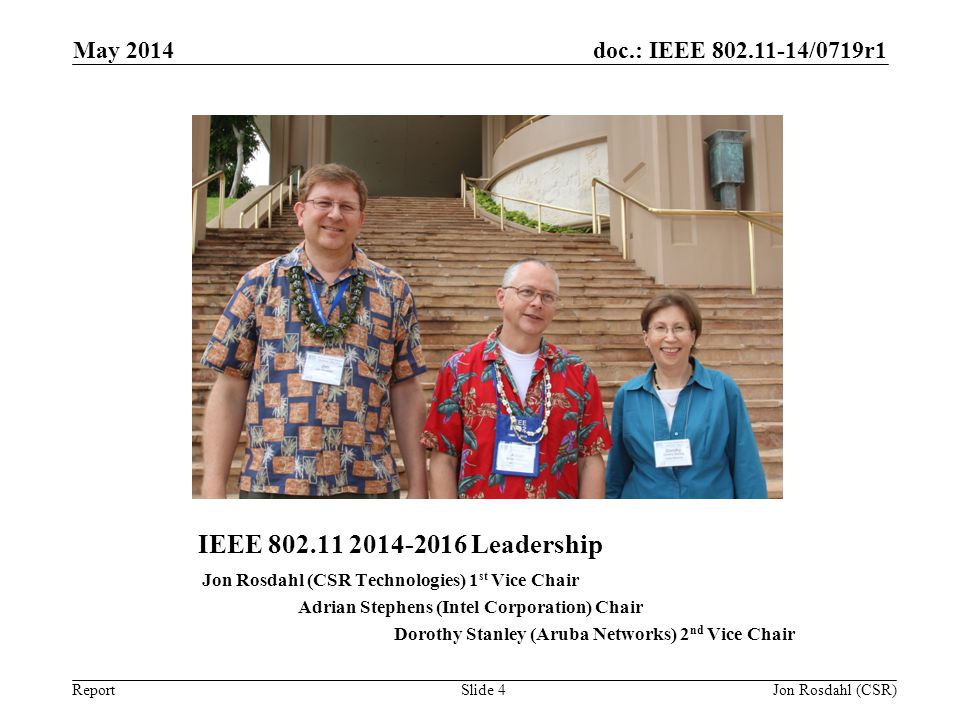 May 2014 IEEE Leadership. Jon Rosdahl (CSR Technologies) 1st Vice Chair. Adrian Stephens (Intel Corporation) Chair.