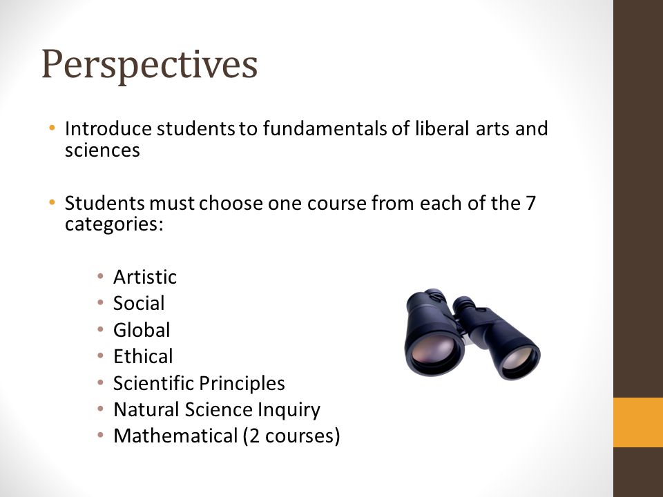 Perspectives Introduce students to fundamentals of liberal arts and sciences. Students must choose one course from each of the 7 categories: