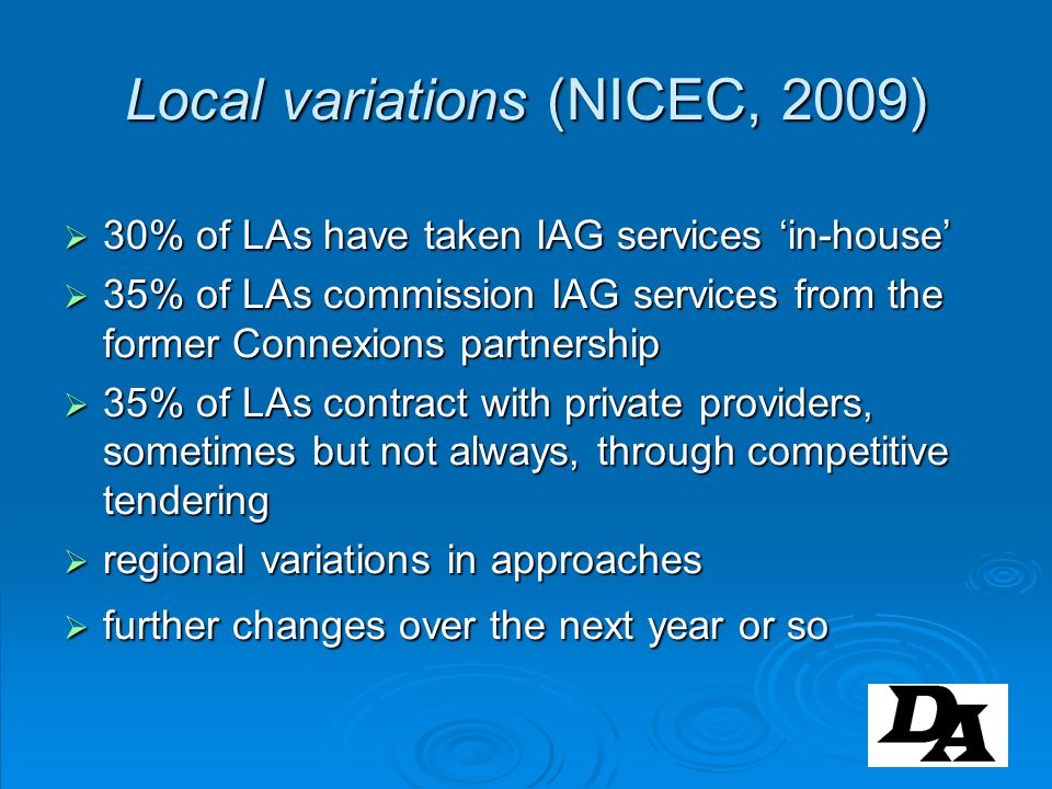 Local variations (NICEC, 2009)