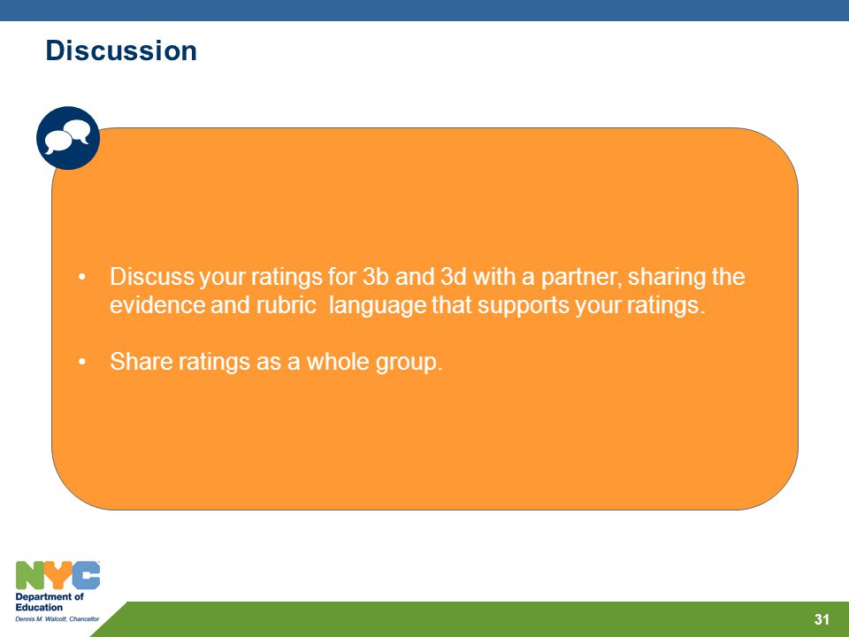 Discussion  Discuss your ratings for 3b and 3d with a partner, sharing the evidence and rubric language that supports your ratings.