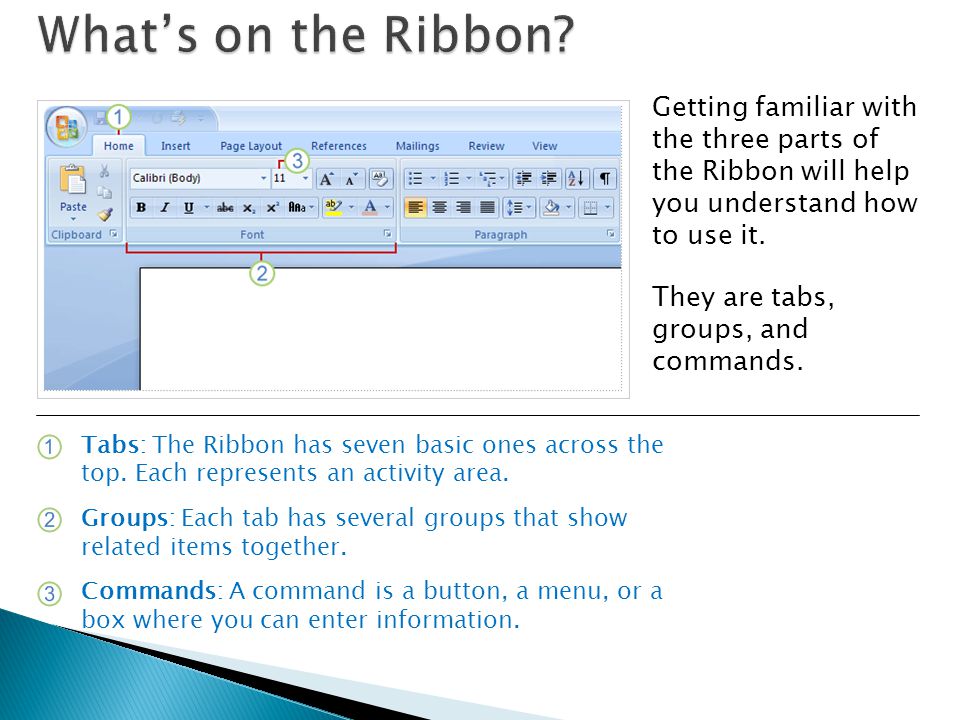 What’s on the Ribbon Getting familiar with the three parts of the Ribbon will help you understand how to use it.
