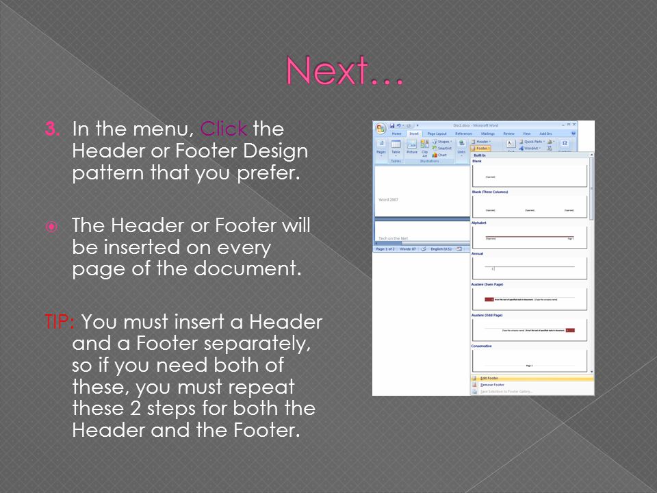 Next… 3. In the menu, Click the Header or Footer Design pattern that you prefer.
