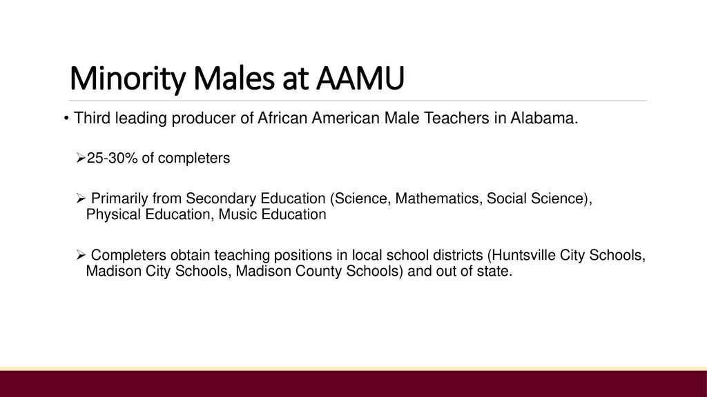 Minority Males at AAMU Third leading producer of African American Male Teachers in Alabama % of completers.