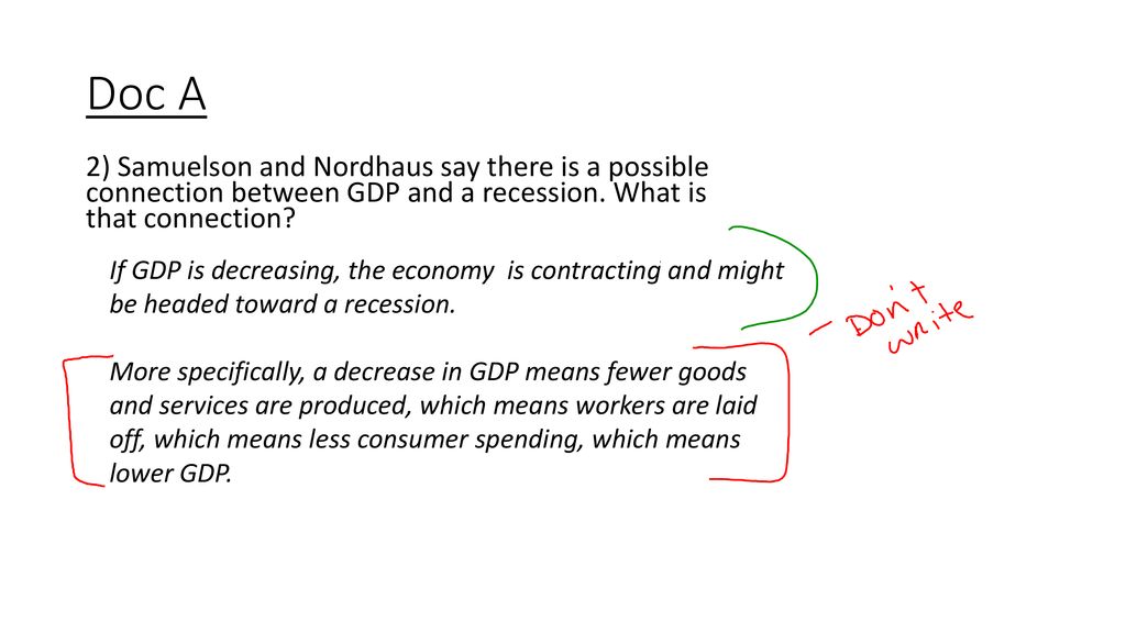 Doc A 2) Samuelson and Nordhaus say there is a possible connection between GDP and a recession. What is that connection