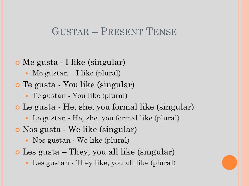 Gustar – Present Tense Me gusta - I like (singular)