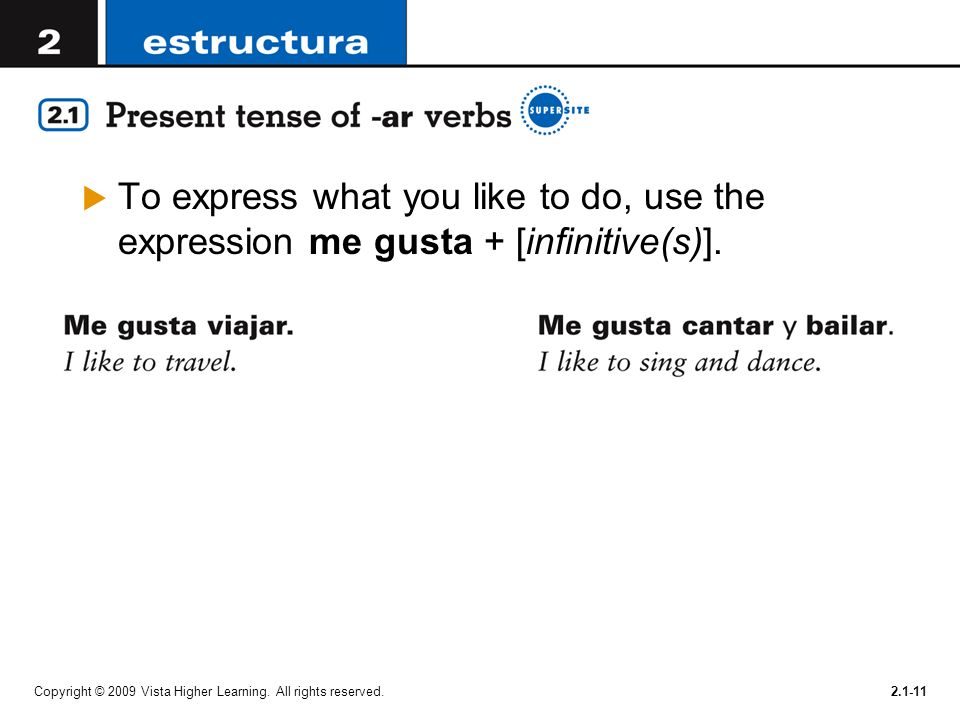 To express what you like to do, use the expression me gusta + [infinitive(s)].