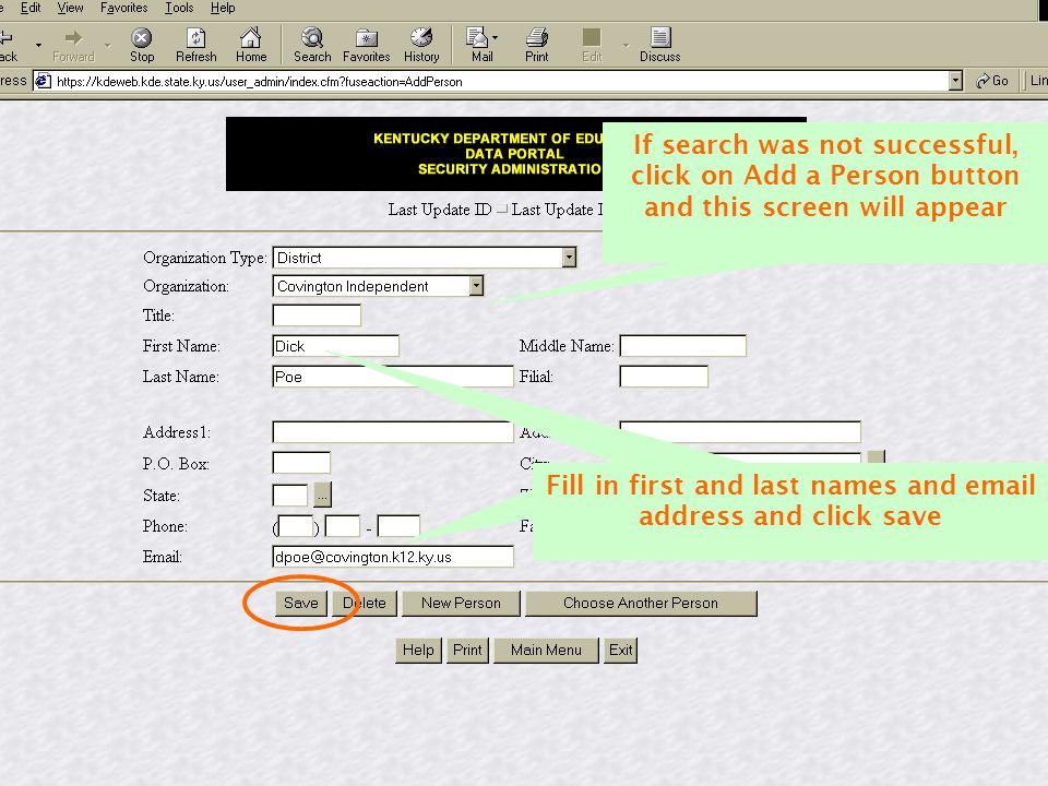 Fill in first and last names and  address and click save