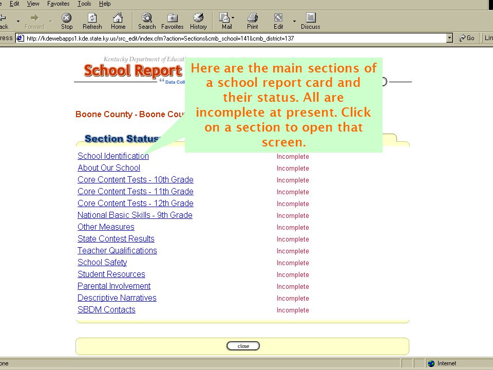Here are the main sections of a school report card and their status