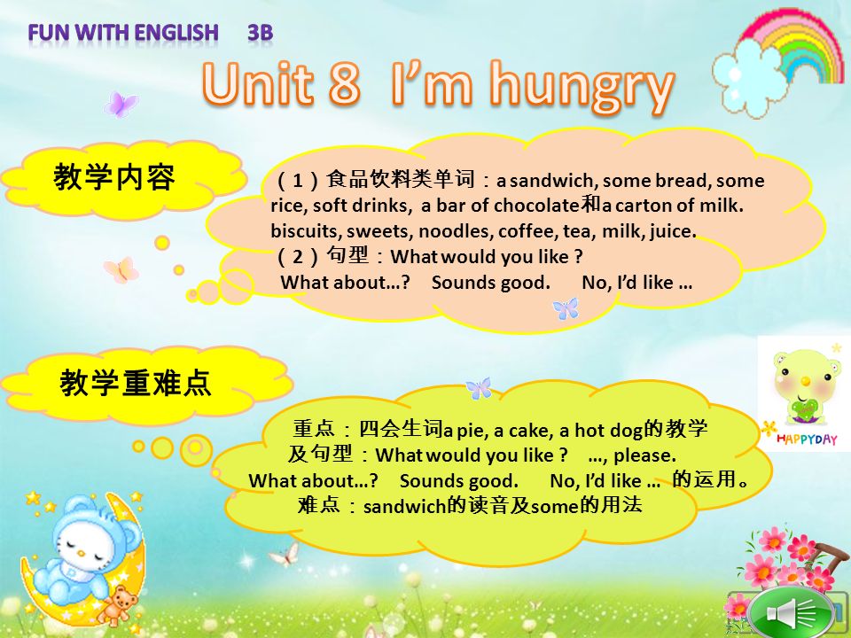 Unit 8 I’m hungry 教学内容 教学重难点 Fun with English 3B