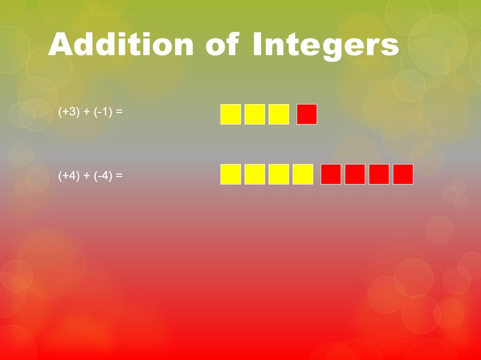 Addition of Integers (+3) + (-1) = (+4) + (-4) =