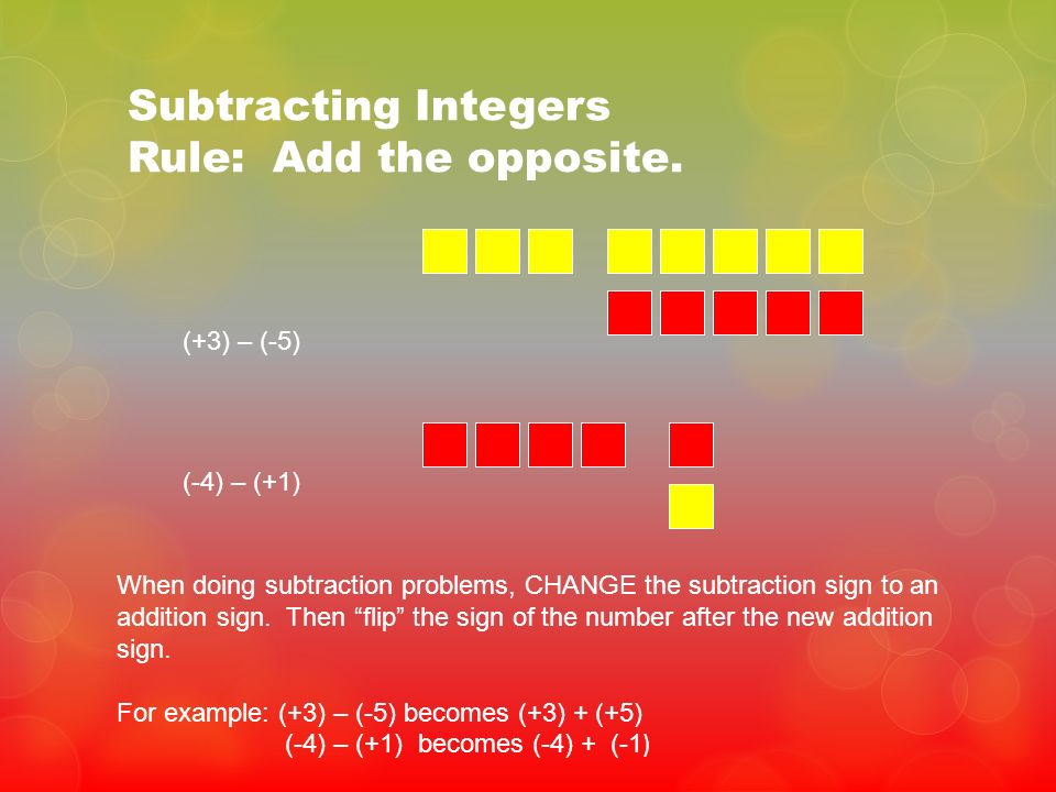 Subtracting Integers Rule: Add the opposite.