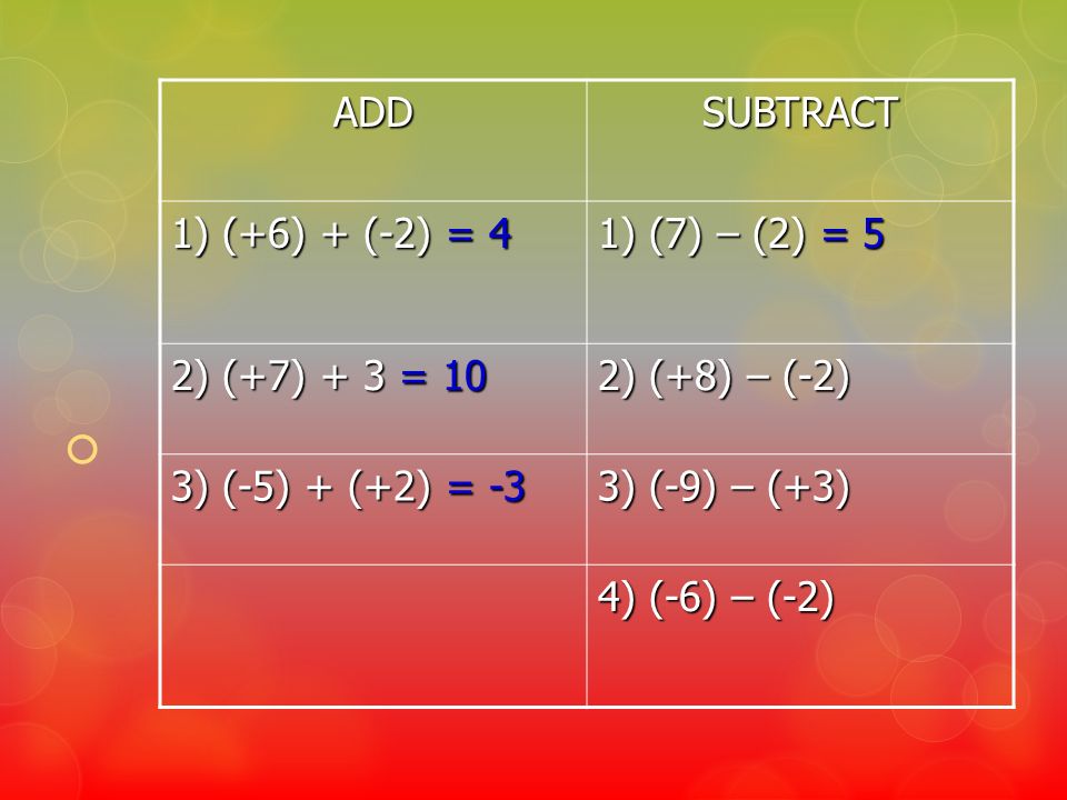ADD SUBTRACT. 1) (+6) + (-2) = 4. 1) (7) – (2) = 5. 2) (+7) + 3 = 10. 2) (+8) – (-2) 3) (-5) + (+2) = -3.