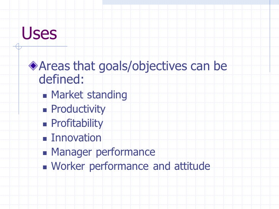 Uses Areas that goals/objectives can be defined: Market standing