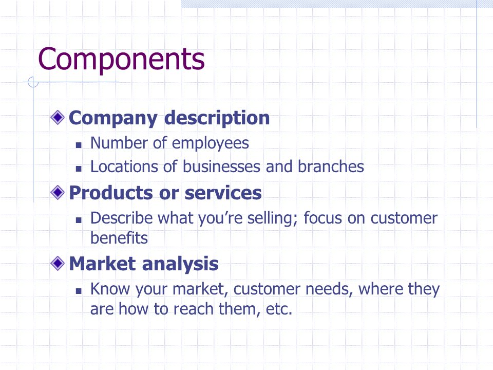 Components Company description Products or services Market analysis