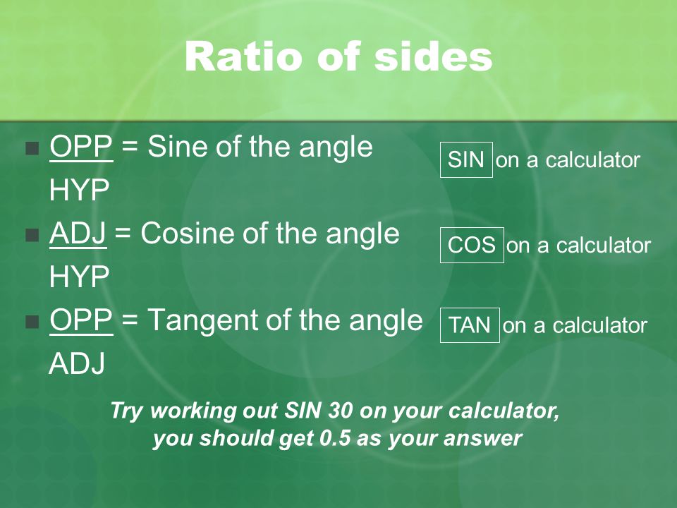 Ratio of sides OPP = Sine of the angle HYP ADJ = Cosine of the angle