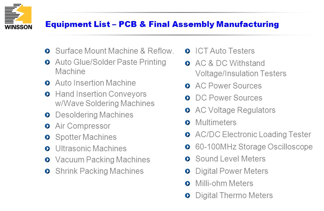 Equipment List – PCB & Final Assembly Manufacturing