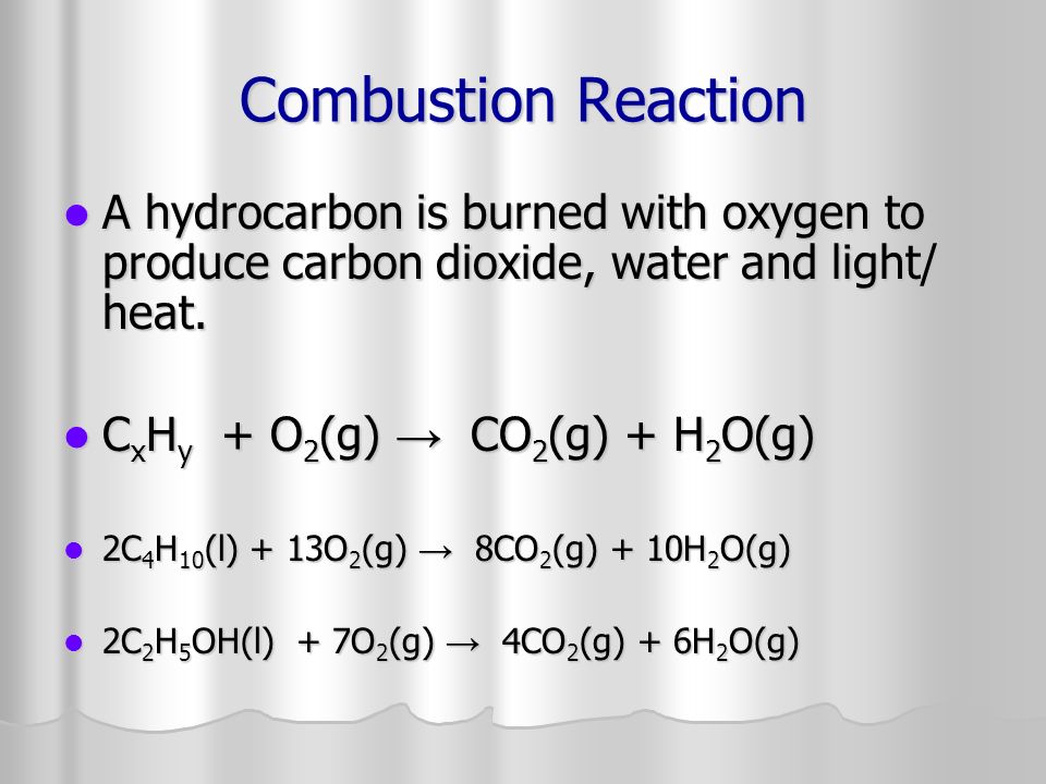 Combustion Reaction A hydrocarbon is burned with oxygen to produce carbon dioxide, water and light/ heat.