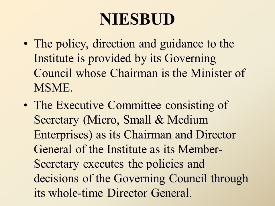 NIESBUD The policy, direction and guidance to the Institute is provided by its Governing Council whose Chairman is the Minister of MSME.