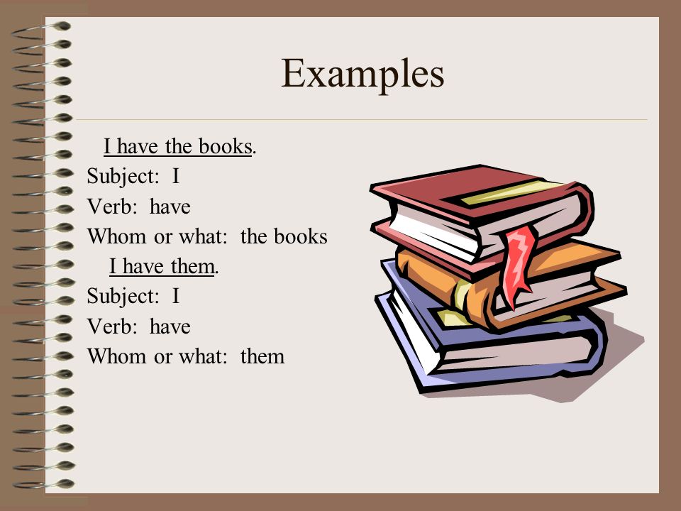 Examples I have the books. Subject: I Verb: have