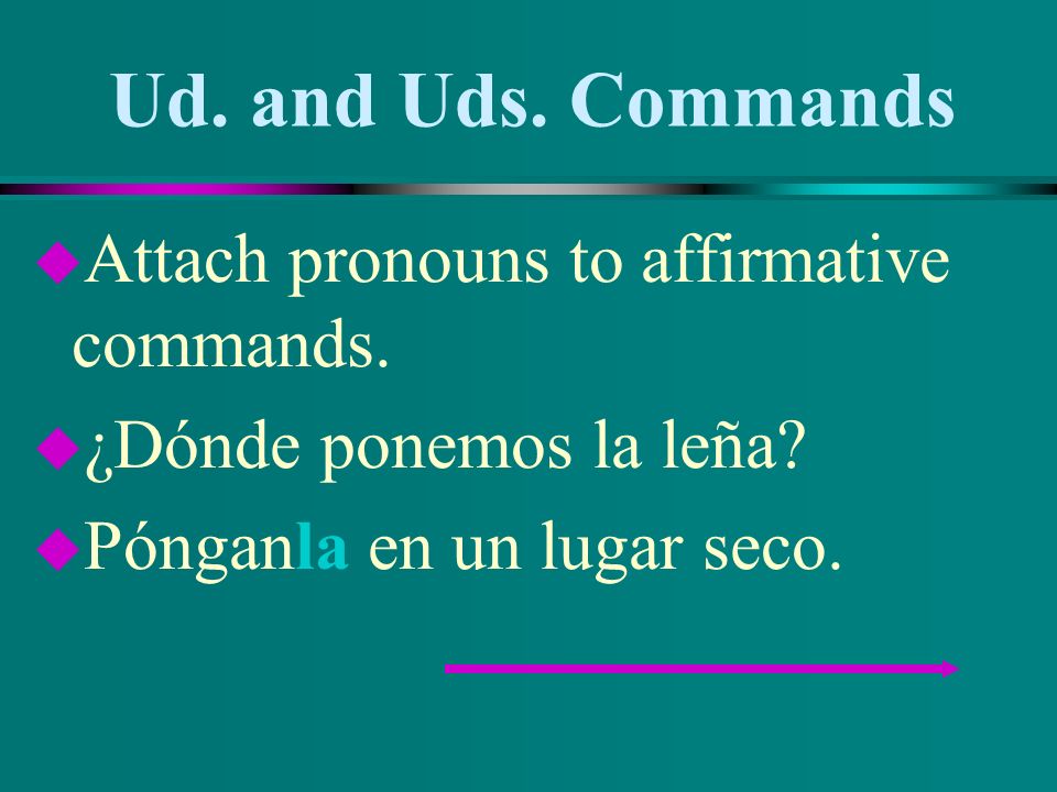 Ud. and Uds. Commands Attach pronouns to affirmative commands.