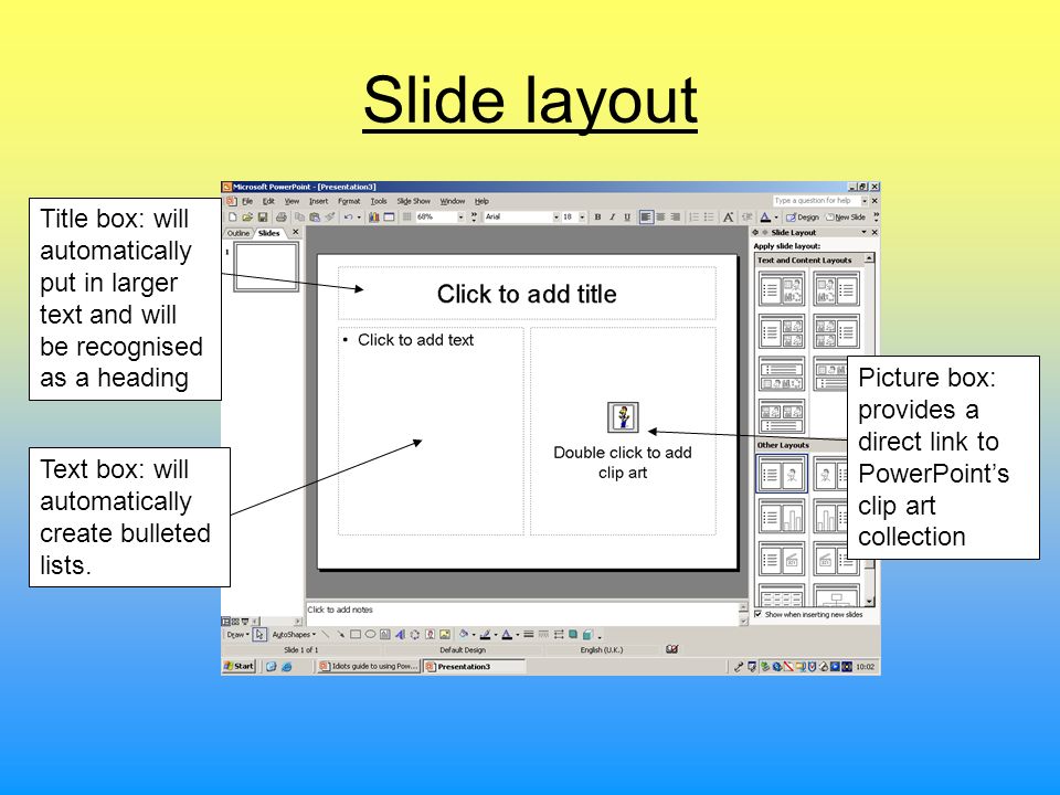 Slide layout Title box: will automatically put in larger text and will be recognised as a heading.