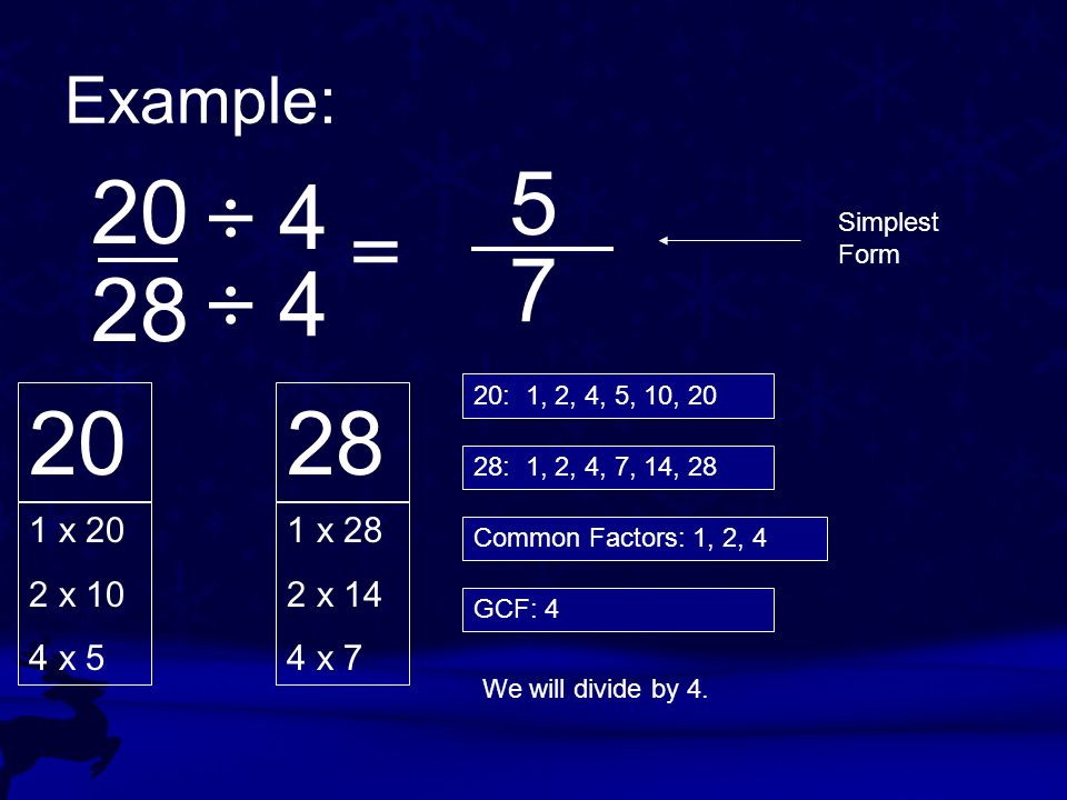 Example: ÷ 4. = Simplest Form ÷ 4. 20: 1, 2, 4, 5, 10, : 1, 2, 4, 7, 14, 28.