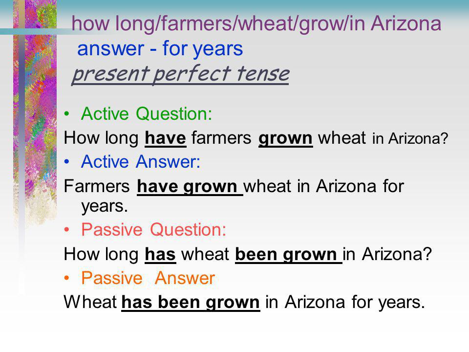 how long/farmers/wheat/grow/in Arizona answer - for years present perfect tense