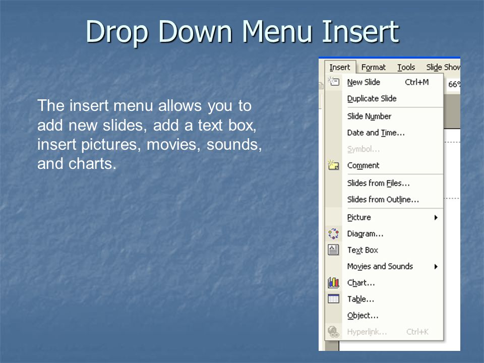 Drop Down Menu Insert The insert menu allows you to add new slides, add a text box, insert pictures, movies, sounds, and charts.