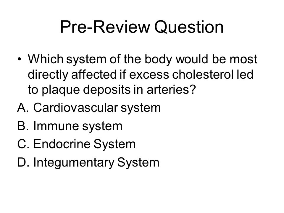 Pre-Review Question Which system of the body would be most directly affected if excess cholesterol led to plaque deposits in arteries