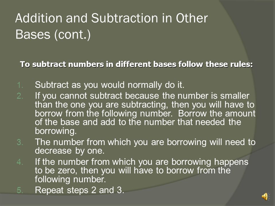 Addition and Subtraction in Other Bases (cont.)