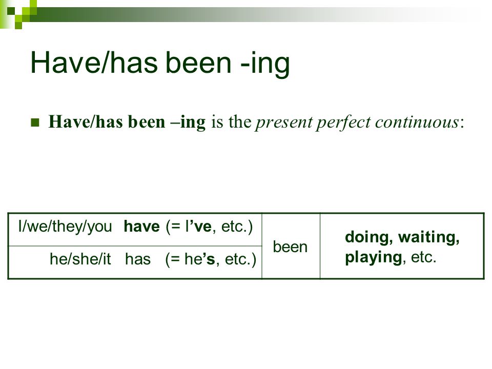 Have/has been -ing Have/has been –ing is the present perfect continuous: I/we/they/you have (= I’ve, etc.)