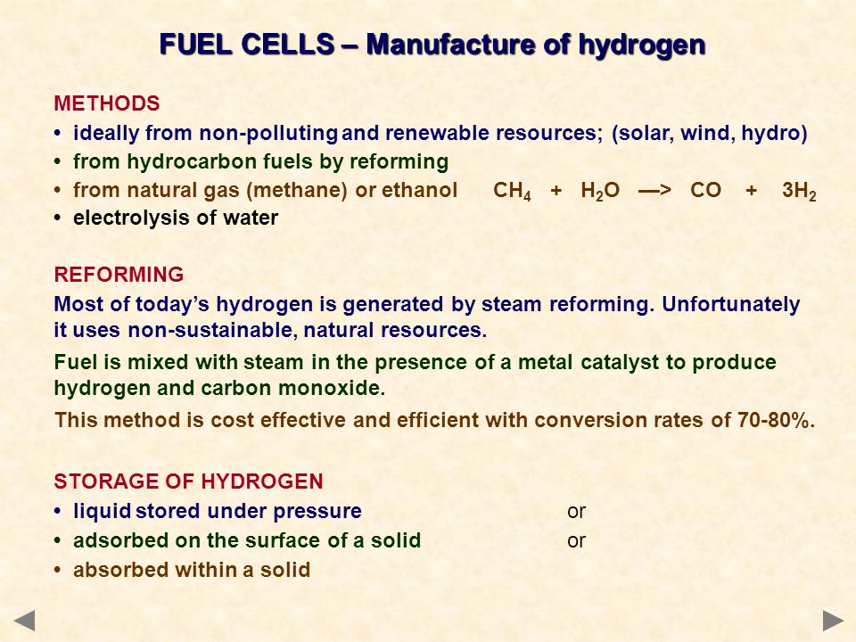 FUEL CELLS – Manufacture of hydrogen