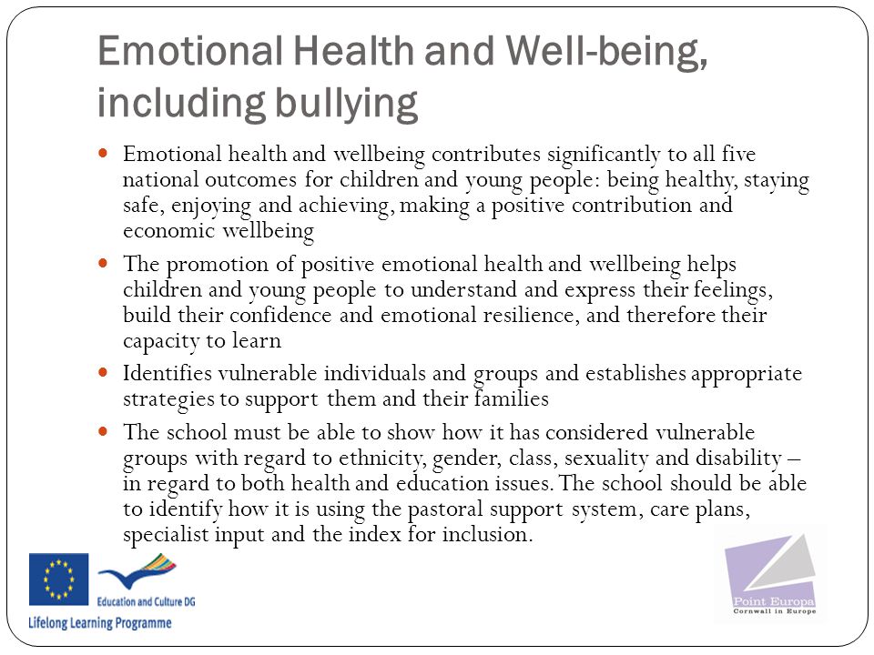 Emotional Health and Well-being, including bullying