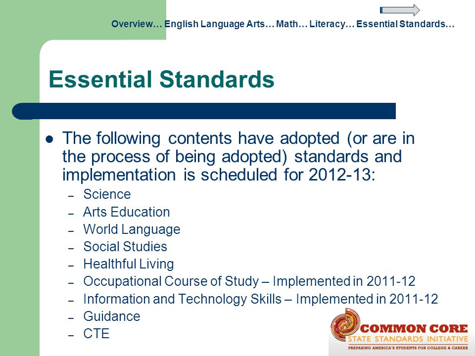 Overview… English Language Arts… Math… Literacy… Essential Standards…