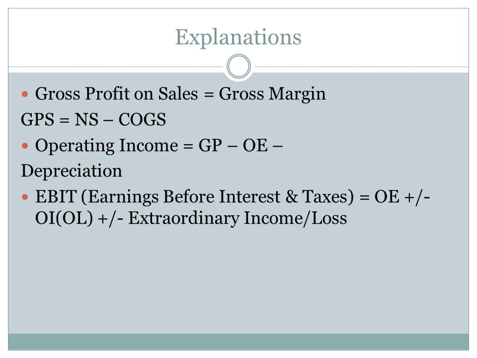 Explanations Gross Profit on Sales = Gross Margin GPS = NS – COGS